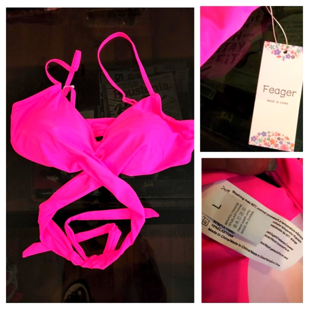 Feager, Hot Pink, Adjustable Strap Bikini Top Separate, Size L